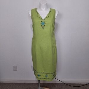 Sag Harbor Green Embroidered Beaded Fairy Bohemian Linen Blend Midi Dress Sz.18